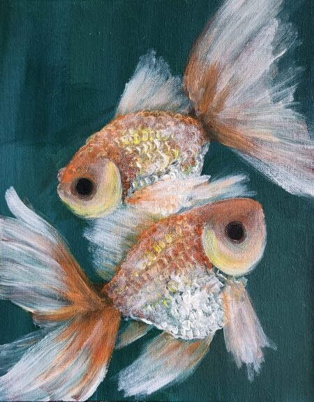 Danielle Art Original Acrylic and Oil Paintings Goldfish Trio 1: Painting of two orange and white goldfish swimming in a dark green background