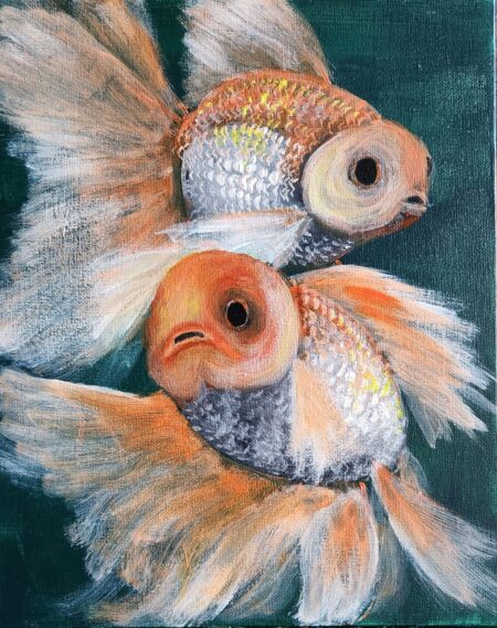 Danielle Art Original Acrylic and Oil Paintings Goldfish Trio 3: Painting of two fantail goldfish with orange and white scales, set against a dark green background.