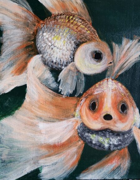Danielle Art Original Acrylic and Oil Paintings Goldfish Trio 2: Painting of two orange and white goldfish swimming in a dark green background