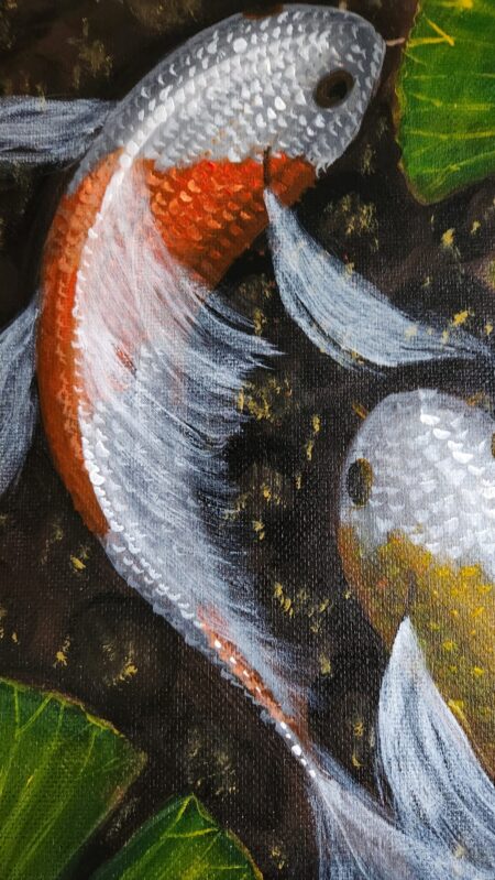 Danielle Art Original Acrylic and Oil Paintings Koi fish painting: Two white and orange koi swimming in a dark pond with lily pads.