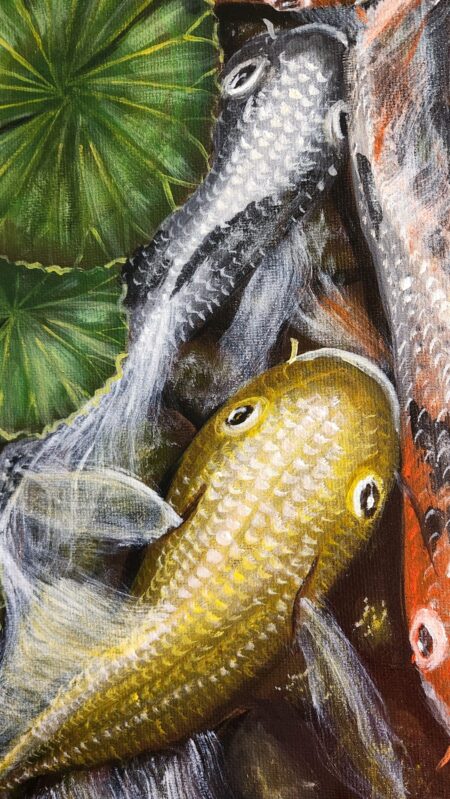 Danielle Art Original Acrylic and Oil Paintings Koi fish painting with gold, silver, and orange colors in a pond with lily pads.