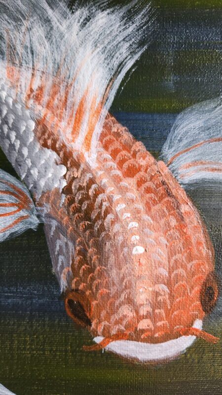 Danielle Art Original Acrylic and Oil Paintings Close-up painting of a koi fish with orange and white scales.