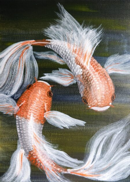 Danielle Art Original Acrylic and Oil Paintings Tranquil Depth: Ethereal Dance of the Kois 1, painting of two orange and white koi fish swimming