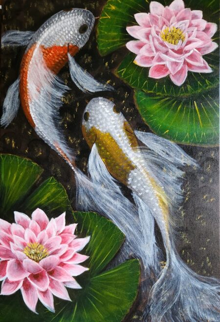 Danielle Art Original Acrylic and Oil Paintings Tranquil Depth: Kois and Water Lilies 3, painting of two koi fish swimming among pink water lilies and lily pads.