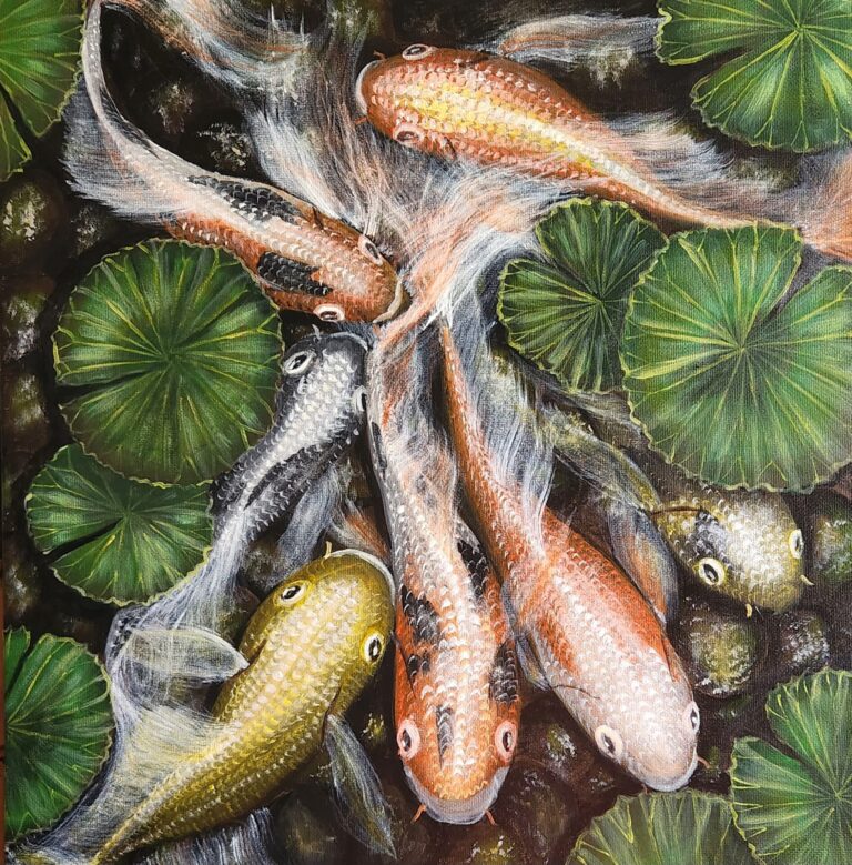 Danielle Art Original Acrylic and Oil Paintings Koi fish pond with lily pads, a fine art painting.