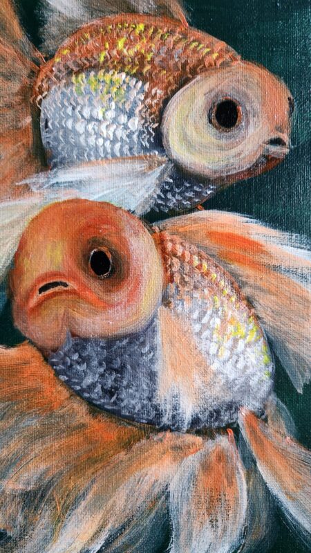 Danielle Art Original Acrylic and Oil Paintings Two goldfish, an oil painting by Danielle Siauw, in shades of orange, white, and gray.