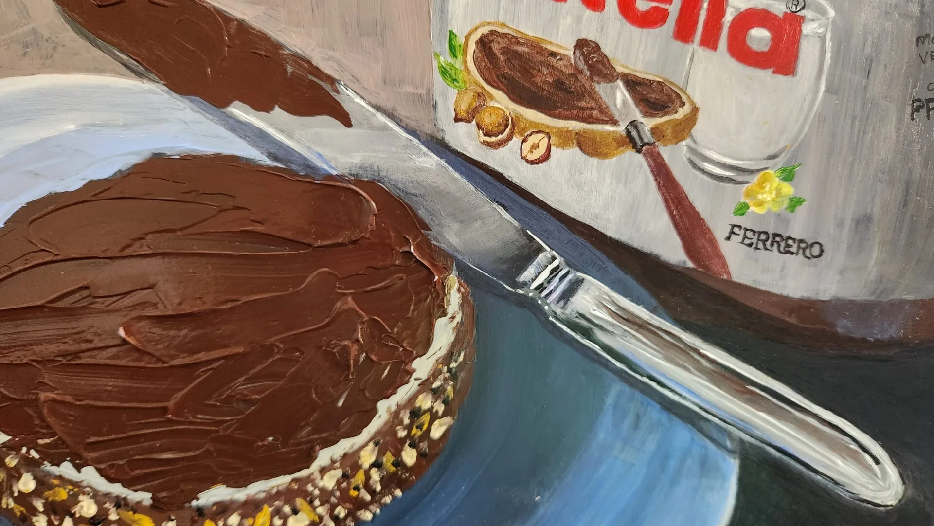 Danielle Art Original Acrylic and Oil Paintings Painting of Nutella spread on bread with a knife, beside a Nutella jar. Ferrero logo visible.
