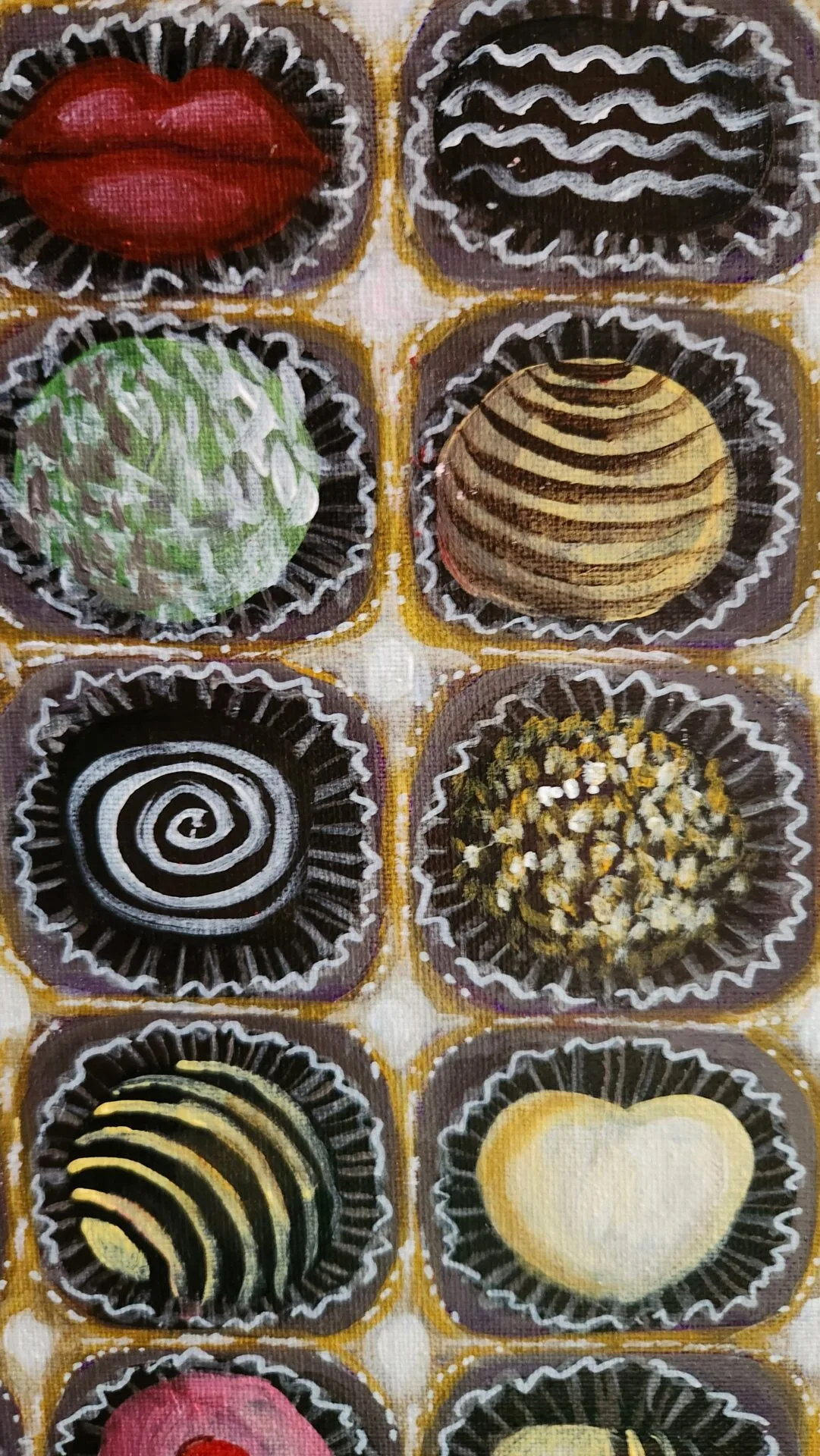 Danielle Art Original Acrylic and Oil Paintings Box of assorted chocolates with unique designs: lips, swirls, stripes, and heart shape.
