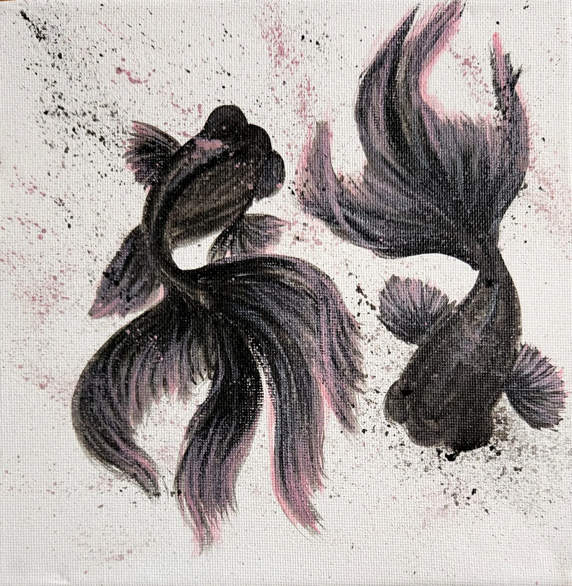 Black Goldfishes painting of two elegant dark goldfish swimming in soft pink and white tones by Danielle Siauw