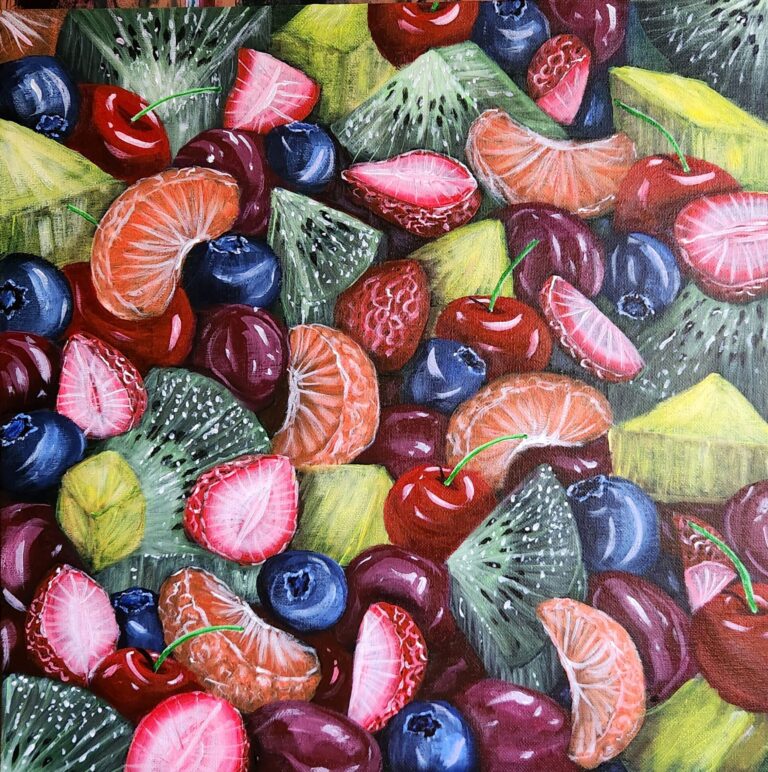 Danielle Art Original Acrylic and Oil Paintings A Symphony of Fruits: A vibrant oil painting of mixed fruit including kiwi, cherries, blueberries, strawberries, and oranges.