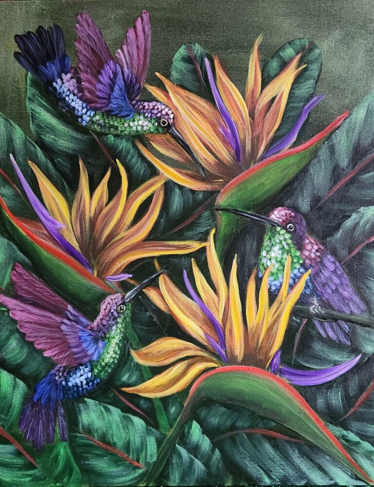 Danielle Art Original Acrylic and Oil Paintings Bird of Paradise 1: Painting of three hummingbirds feeding on vibrant Bird of Paradise flowers.