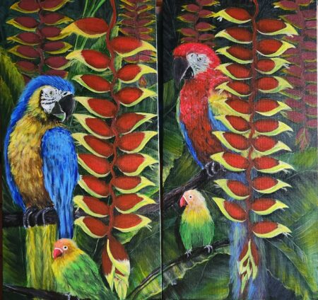 Danielle Art Original Acrylic and Oil Paintings Birds of Paradise 3: Two-panel painting of parrots and lovebirds among vibrant heliconia flowers.