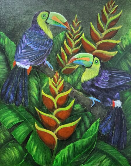 Danielle Art Original Acrylic and Oil Paintings Birds of Paradise 2: Painting of two vibrant toucans among heliconia flowers and lush green foliage.