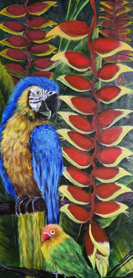 Danielle Art Original Acrylic and Oil Paintings Colorful painting of a blue and gold macaw parrot with heliconia flowers, by Danielle Siauw.
