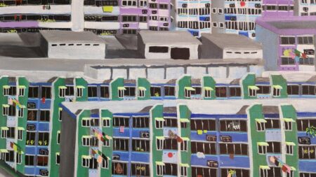 Danielle Art Original Acrylic and Oil Paintings Colorful painting of dense apartment buildings with laundry hanging from windows, painted by Danielle Siauw.