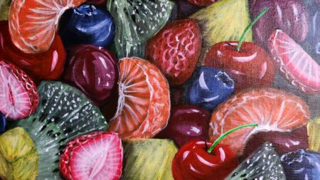 Danielle Art Original Acrylic and Oil Paintings Colorful fruit salad with strawberries, blueberries, kiwi, oranges, and cherries.