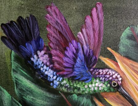 Danielle Art Original Acrylic and Oil Paintings Colorful hummingbird painting with purple wings and green body, perched near a flower.