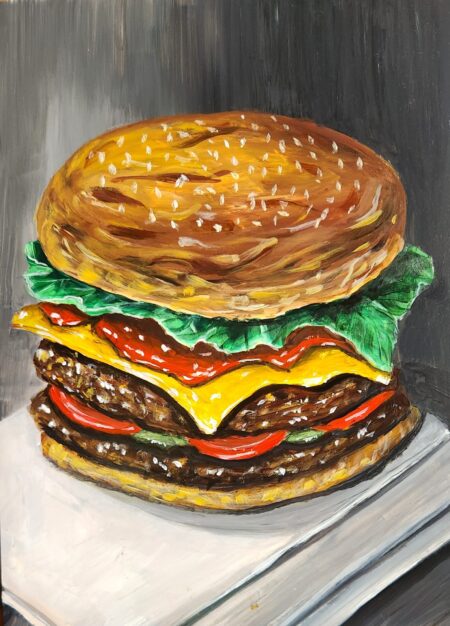 Danielle Art Original Acrylic and Oil Paintings Gastronomic Reverie: A Visual Ode to the Classic Hamburger painting, featuring a large, juicy burger with all the fixings.