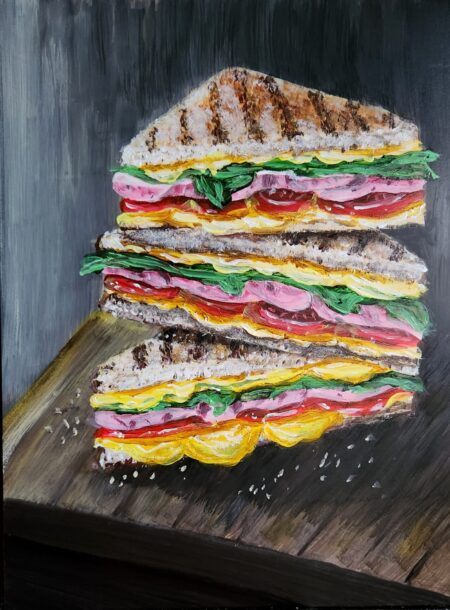 Danielle Art Original Acrylic and Oil Paintings Gastronomic Reverie: Painting of a tall, layered sandwich with ham, cheese, tomatoes, and greens.