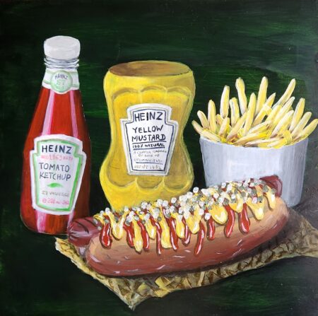 Danielle Art Original Acrylic and Oil Paintings GASTRONOMIC REVERIE: A VISUAL ODE TO Hotdog & Bun. Hotdog with ketchup, mustard, onions, fries, Heinz ketchup and mustard.