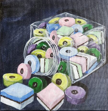 Danielle Art Original Acrylic and Oil Paintings Jar of Licorice: Colorful assortment of licorice candies spilling from a clear glass jar, a still life painting by Danielle Siauw
