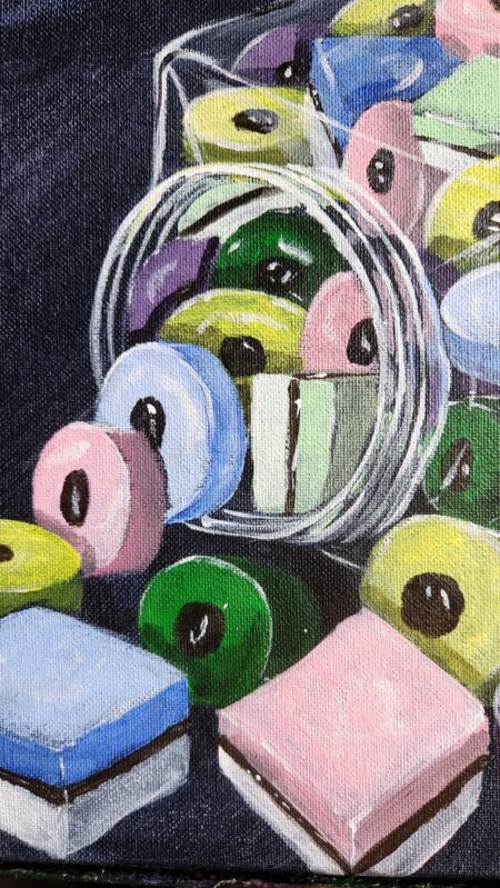 Danielle Art Original Acrylic and Oil Paintings Jar of colorful Liquorice Allsorts sweets, a Danielle Siauw painting.