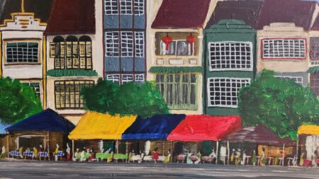 Danielle Art Original Acrylic and Oil Paintings Colorful street scene painting of historic buildings with awnings and people at outdoor cafes.