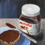 Nutella on toast still life painting with jar, bread and spreading knife by Danielle Siauw