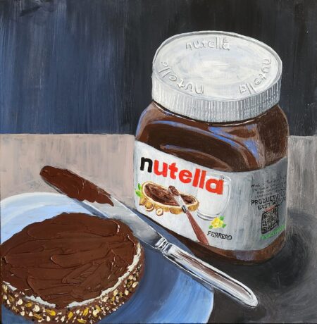 Danielle Art Original Acrylic and Oil Paintings GASTRONOMIC REVERIE: A VISUAL ODE TO NUTELLA. Nutella jar, knife spreading chocolate hazelnut spread on bread.