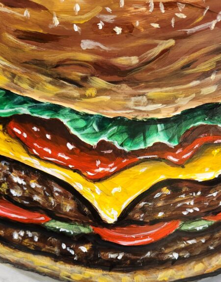 Danielle Art Original Acrylic and Oil Paintings Close-up painting of a delicious, towering burger with visible layers of patty, cheese, tomato, and lettuce.