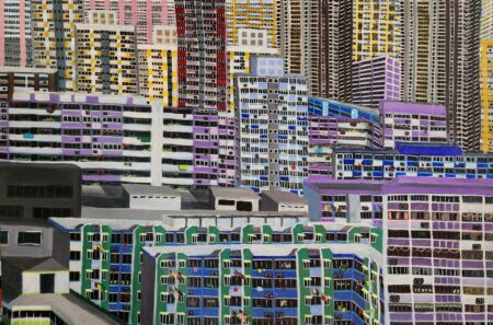 Danielle Art Original Acrylic and Oil Paintings Tapestry of Home painting by Danielle Siauw: a vibrant cityscape of Hong Kong's densely packed buildings.