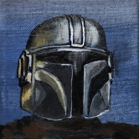 Danielle Art Original Acrylic and Oil Paintings The Mandalorian helmet painting, rendered in shades of black, silver, and gold