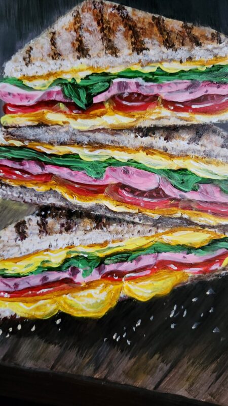 Danielle Art Original Acrylic and Oil Paintings Thickly painted sandwich with layers of bread, meat, cheese, and vegetables.