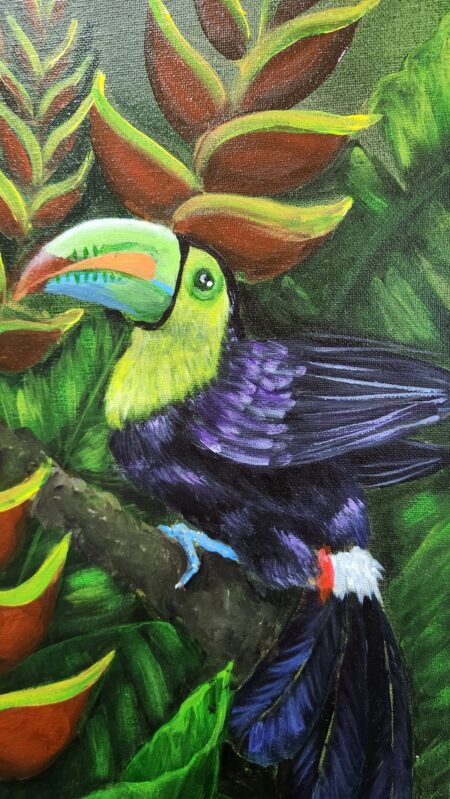 Danielle Art Original Acrylic and Oil Paintings Colorful toucan perched amongst vibrant heliconia flowers.