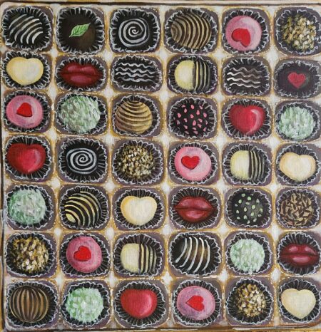 Danielle Art Original Acrylic and Oil Paintings A Tray of Fancy Chocolates: Assorted gourmet chocolates with diverse shapes, colors, and decorative toppings in paper cups.