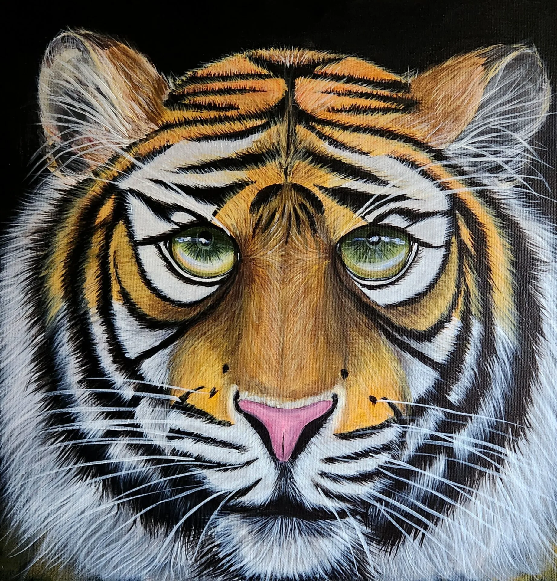 Eye of a Tiger wildlife painting with a close-up tiger face and piercing green eyes by Danielle Siauw