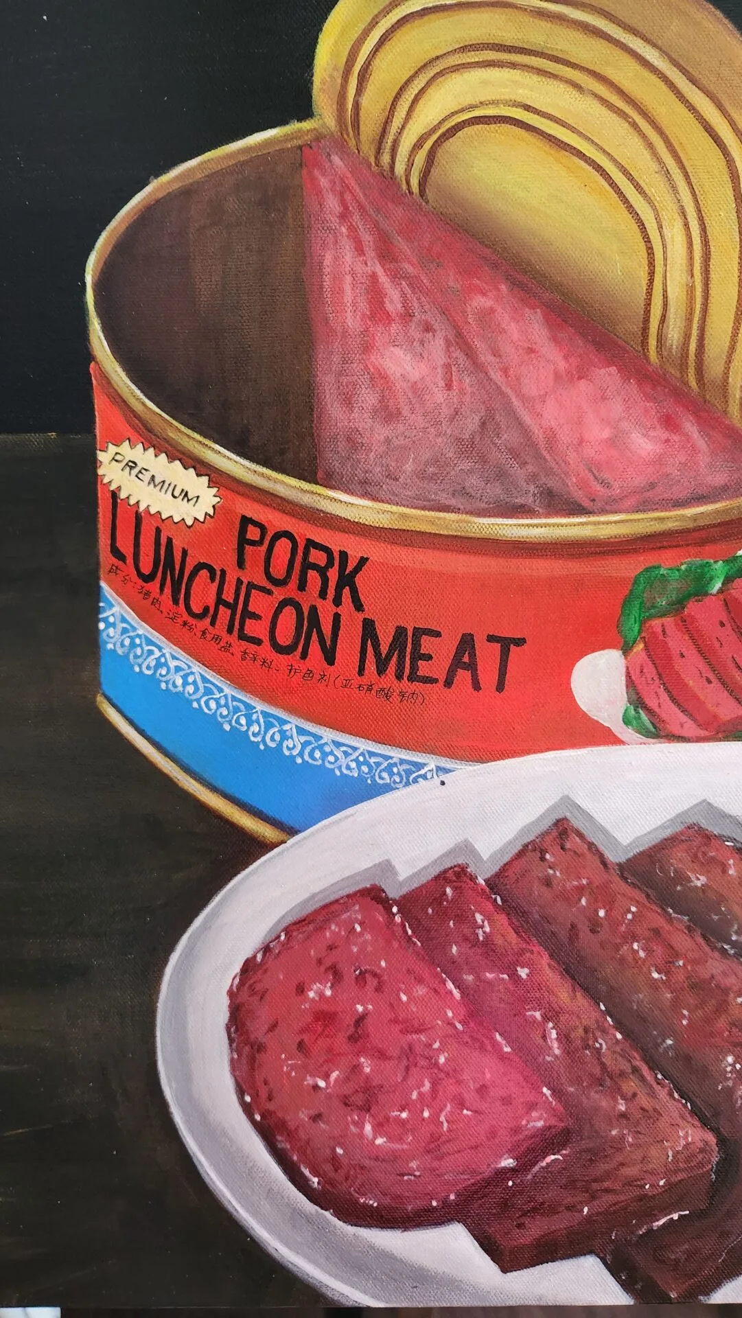 Danielle Art Original Acrylic and Oil Paintings I Love Luncheon Meat painting: A vibrant still life of a can of pork luncheon meat with slices on a plate, by Danielle Siauw