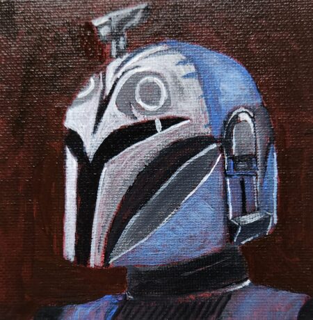 Danielle Art Original Acrylic and Oil Paintings Bo-Katan Kryze Mandalorian helmet painting, blue and silver armor