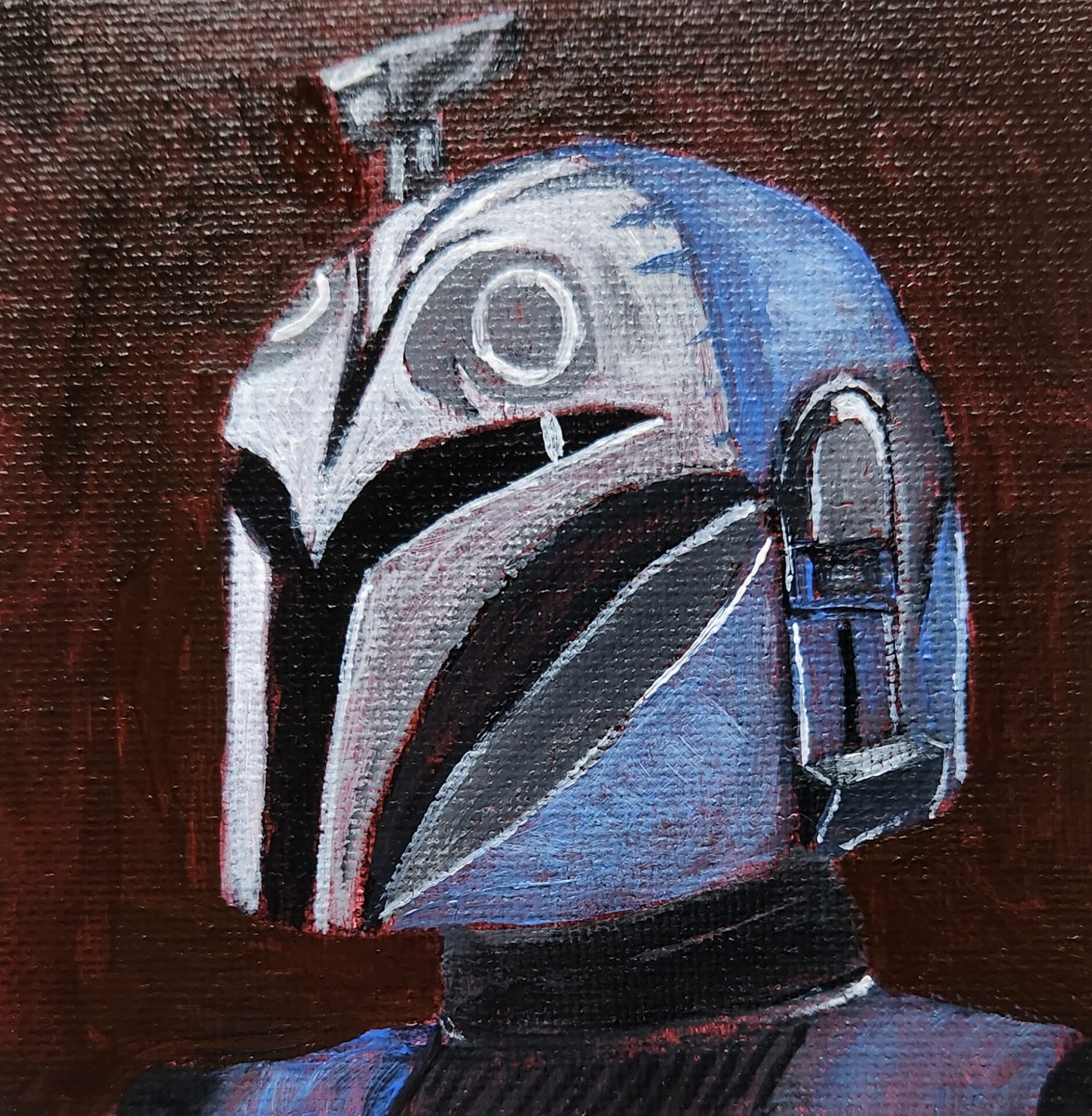 Danielle Art Original Acrylic and Oil Paintings Bo-Katan Kryze Mandalorian helmet painting, blue and silver armor