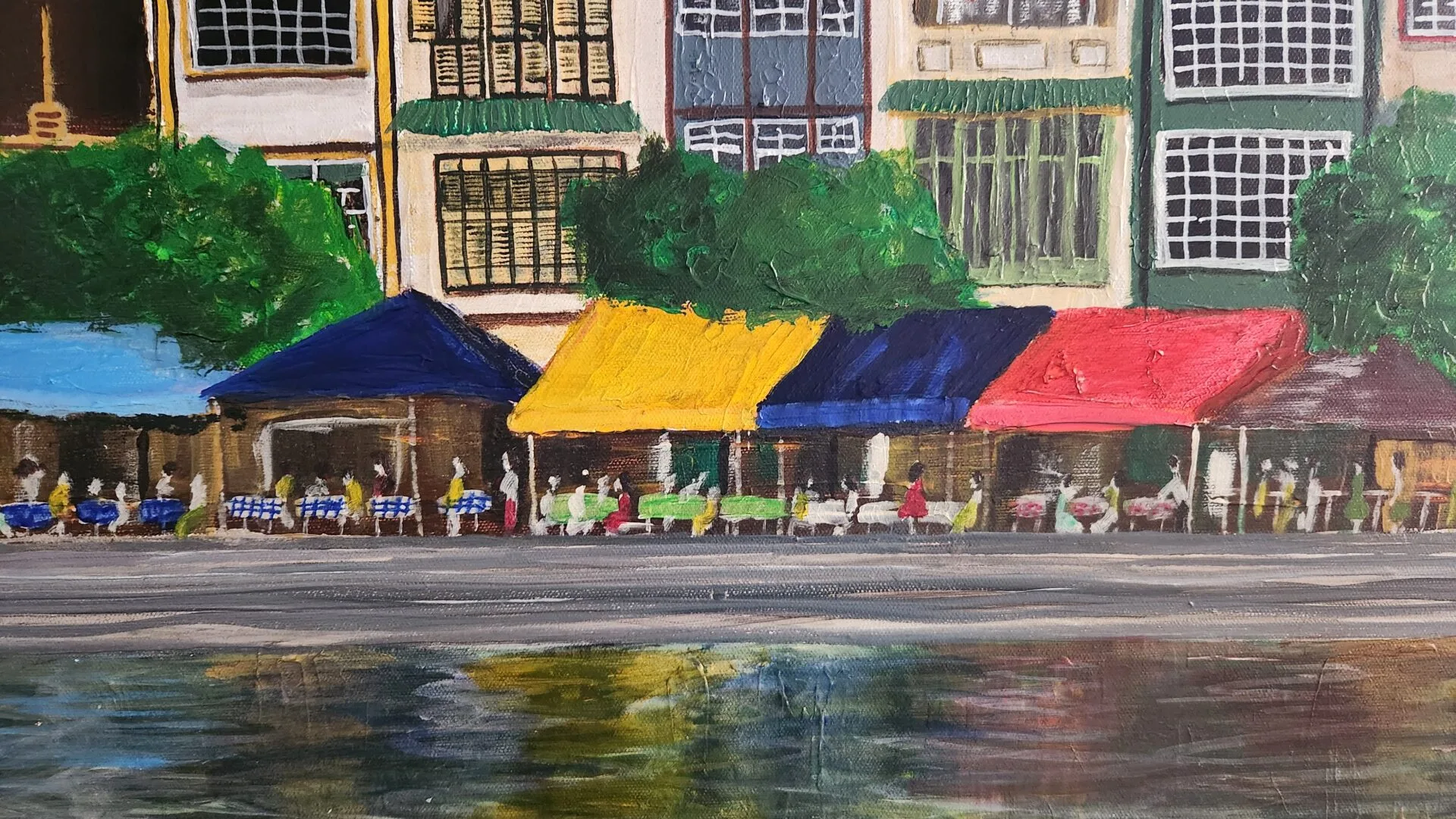 Danielle Art Original Acrylic and Oil Paintings Reflections of Boat Quay painting with colorful awnings and buildings.