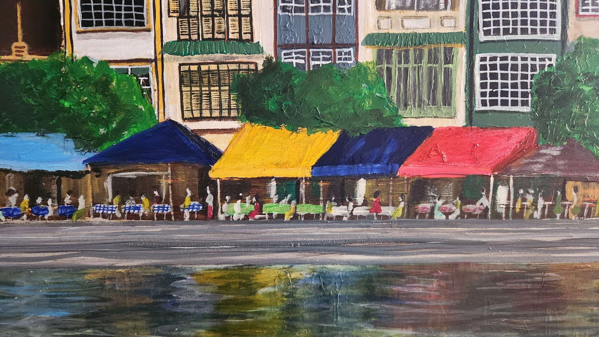 Danielle Art Original Acrylic and Oil Paintings Reflections of Boat Quay painting with colorful awnings and buildings.