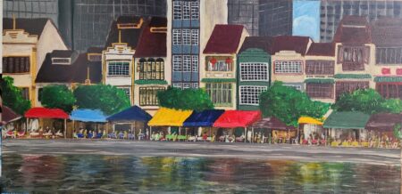 Danielle Art Original Acrylic and Oil Paintings Colorful shophouses and outdoor dining at Boat Quay, Singapore, with reflections in the water.