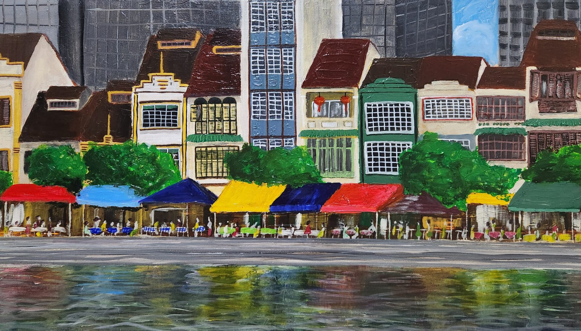 Danielle Art Original Acrylic and Oil Paintings Reflections of Boat Quay: Colorful shophouses and outdoor dining by the water