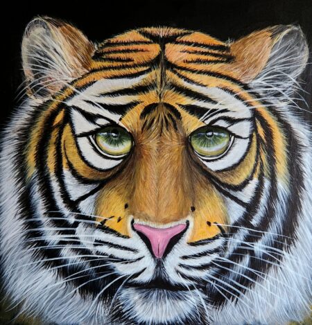 Danielle Art Original Acrylic and Oil Paintings Eye of a Tiger painting: Detailed close-up of a tiger's face, focusing on its intense green eyes.