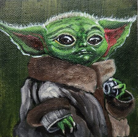 Danielle Art Original Acrylic and Oil Paintings Grogu (Baby Yoda) acrylic painting with brown robe and holding a button