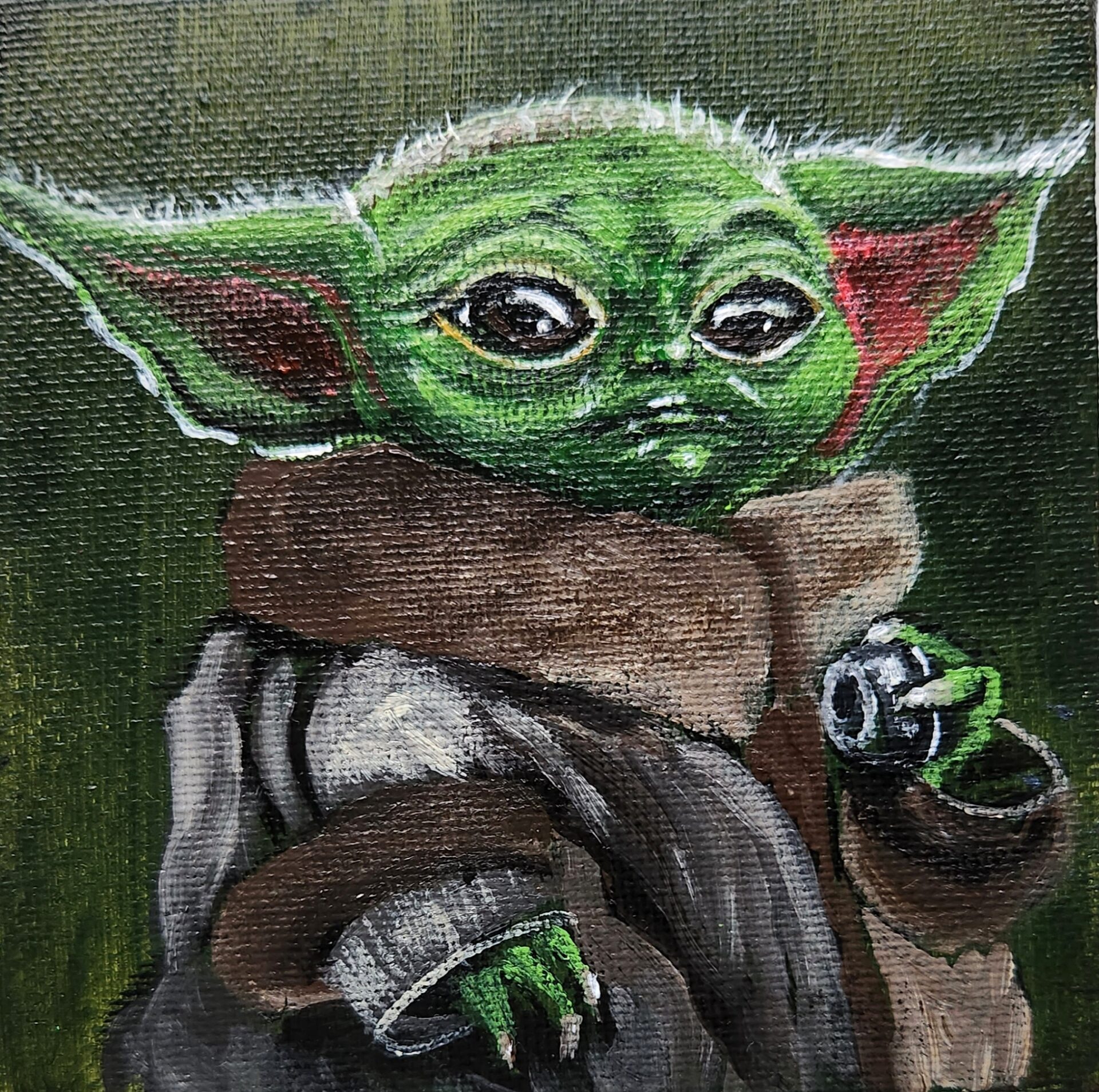 Danielle Art Original Acrylic and Oil Paintings Grogu (Baby Yoda) acrylic painting with brown robe and holding a button