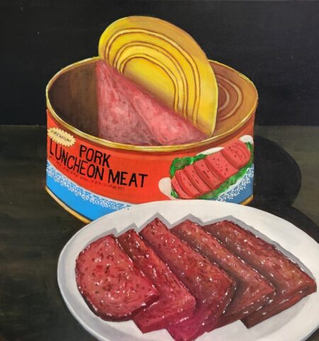 Danielle Art Original Acrylic and Oil Paintings I Love Luncheon Meat: Still life painting of a can of pork luncheon meat and slices on a plate by Danielle Siauw.