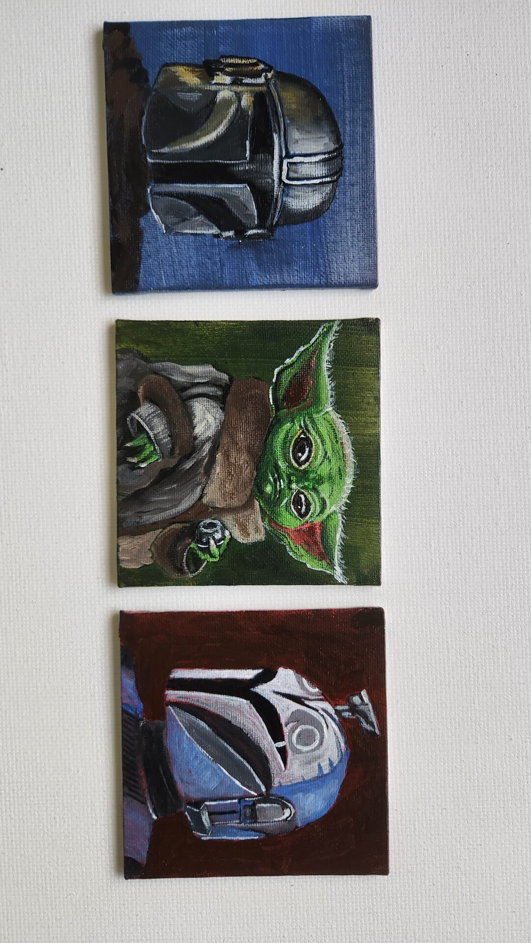 Danielle Art Original Acrylic and Oil Paintings The Mandalorian Bo Katan helmet painting, Grogu (Baby Yoda) painting, and Stormtrooper helmet painting