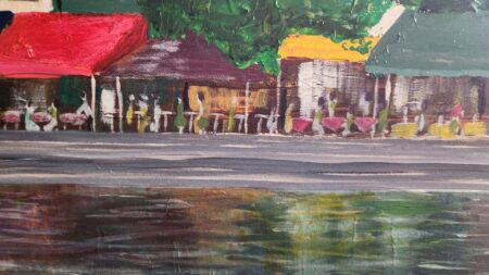 Danielle Art Original Acrylic and Oil Paintings Reflections of Boat Quay painting with colorful buildings and water