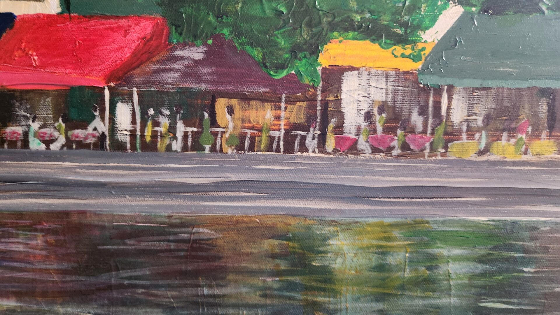 Danielle Art Original Acrylic and Oil Paintings Reflections of Boat Quay painting with colorful buildings and water